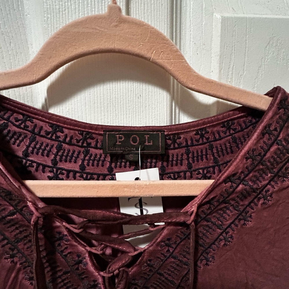 POL Women's Deep Burgundy Lace-Up Blouse Size S - Picture 3 of 4